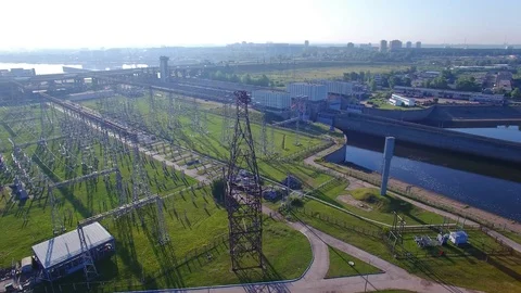 High voltage electric power tower, electric substation, hydroelectric power Stock Footage 122499130