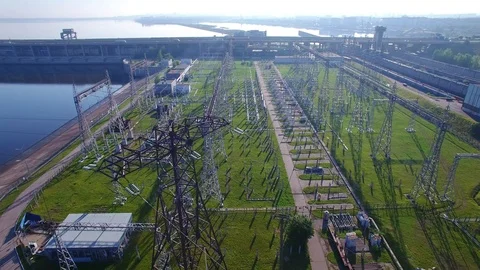 High voltage electric power tower close up and fly out, electric substation Stock Footage 122499324