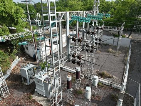 High-voltage electric system facility. Substation 69KV Stock Photos