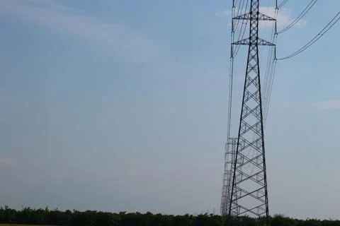 High-voltage electric tower model standing in the middle of rice Stock Photos