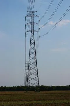 High-voltage electric tower model standing in the middle of a rice field Stock Photos