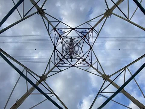 High voltage electric tower post - Bottom view Stock Photos