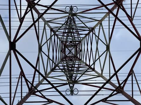 High voltage electric tower post - Bottom view Stock Photos