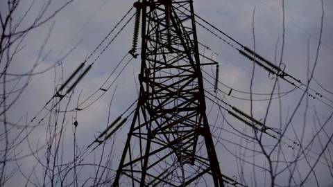 High voltage electric tower at sunset. Transmission power line. High voltage Stock Footage 154812557