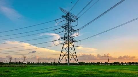 High voltage electric towers at sunset. Transmission power line. Stock Footage 181502647
