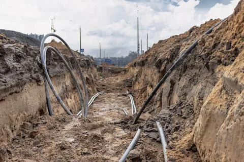 The high voltage electrical cable is laid 스톡 사진