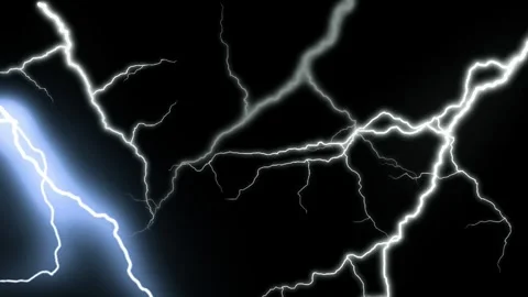 High-voltage electrical discharge with bright blue lightning bolts on black Vidéo 342897148