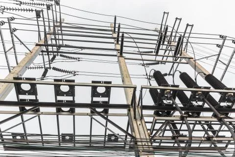 High voltage electrical distribution station Stock Photos