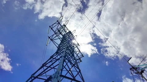 High voltage electrical power lines transmitting energy Video stock 338164315