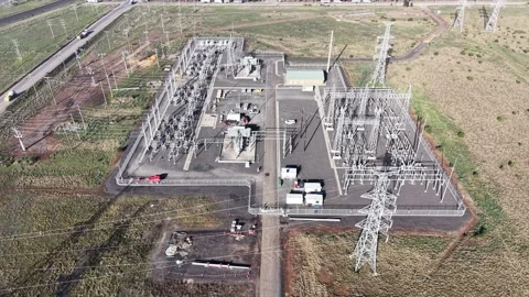 High voltage electrical power substation aerial view Video stock 339304247