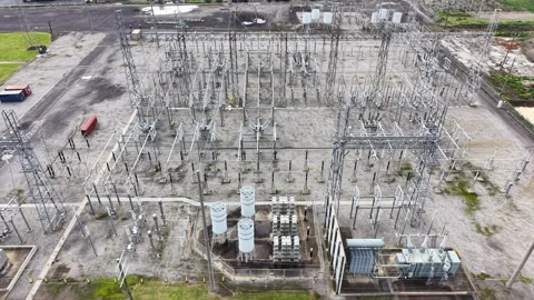 High voltage electrical power substation aerial view Stock Footage 342328225