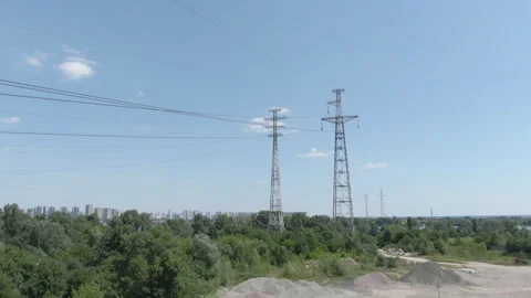 High-voltage electrical pylons. Aerial view Stock Footage 309565017