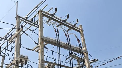 High voltage electrical riser pole incoming structure with cable. Stock Photos