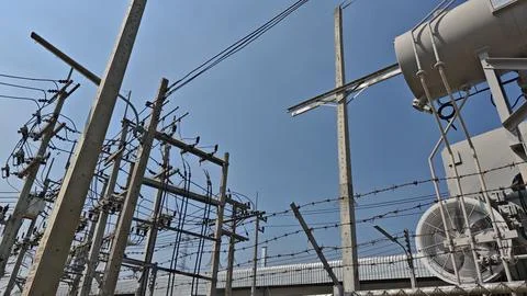 High voltage electrical riser pole incoming structure with cable. Stock Photos