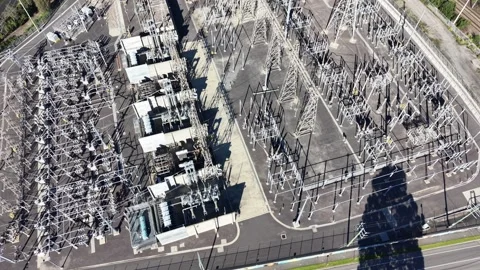 High voltage electrical substation aerial view Video stock 340513710