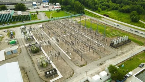 High voltage electrical substation and power lines aerial view Vídeo Stock 337408230