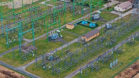 High Voltage Electrical Substation and Power Grid Infrastructure Stock Footage 340596752