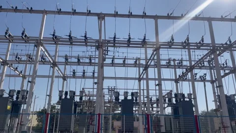 High Voltage Electrical Substation Grid Structure Under Clear Sky Video stock 323257405