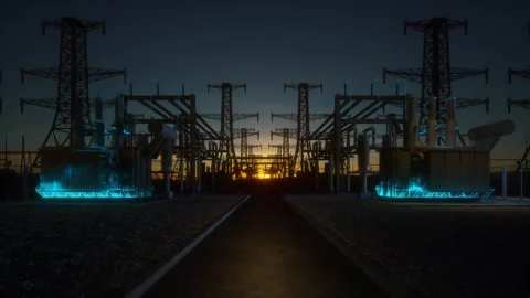 High Voltage Electrical Substation at Sunset Stock Footage 344864208