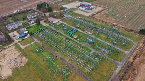 High Voltage Electrical Substation Supporting National Infrastructure in Latvia Stock Footage 340596644
