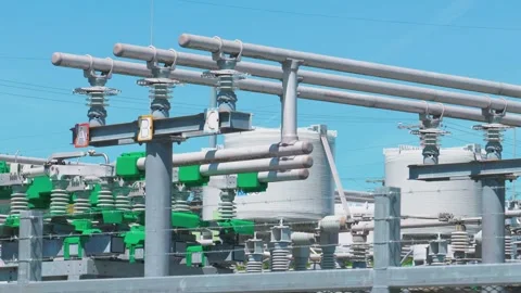 High voltage electrical substation transformers and busbars Stock Footage 338038053