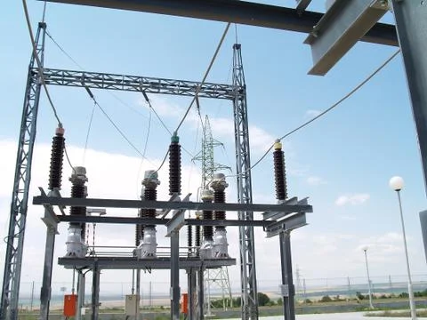 High voltage electrical substation in wind power plant Stock Photos