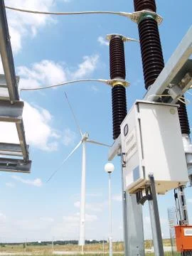 High voltage electrical substation in wind power plant Stock Photos
