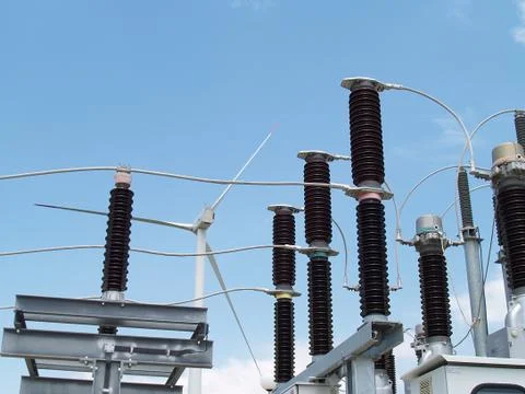 High voltage electrical substation in wind power plant Stock Photos