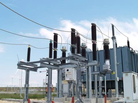 High voltage electrical substation in wind power plant Stock Photos