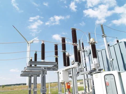 High voltage electrical substation in wind power plant Stock Photos