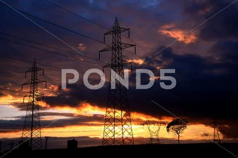 High voltage electrical towers in line Stock Photos
