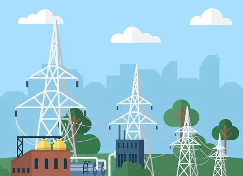 High voltage electricity distribution grid pylons. Electrical power lines in Stock Illustration