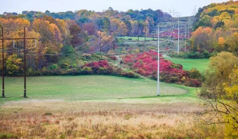 High voltage electricity distribution system power posts in landscape rural a Stock Photos