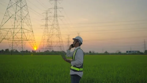 High voltage electricity grid talking mobile phone checking laptop. Stock Footage 148353999