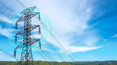 High-voltage electricity pylon with a smart grid digital technology overlay.. Stock-Fotos