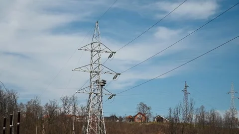 High voltage electricity pylon tower. Transmission tower and power lines Stock Footage 306704643