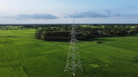 High Voltage Electricity Pylon Tower in Green Agricultural Fields. Stock Footage 347829266