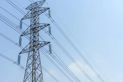 High-voltage electricity transmission tower with power lines and glass insu.. Stock Photos
