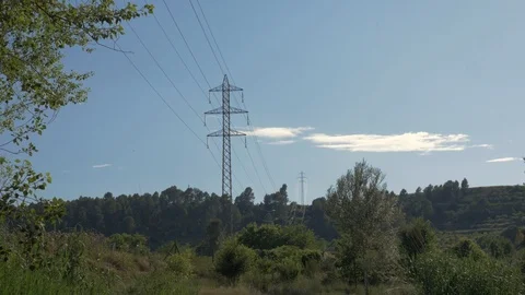 High voltage field countryside tower electricity modern rural industrial Stock Footage 113112889