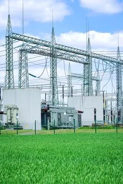 High voltage grid transformer, substation high voltage generator in substation Stock Photos