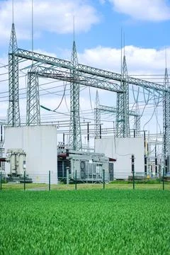 High voltage grid transformer, substation high voltage generator in substation Stock Photos