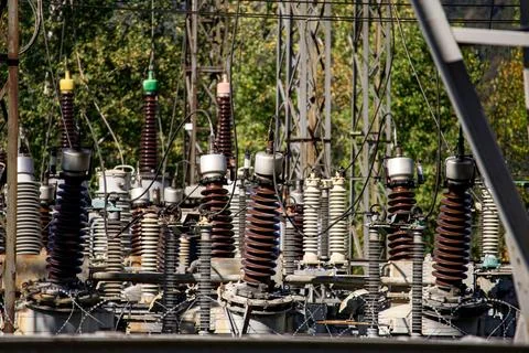 High voltage insulators at electrical substation Stock Photos