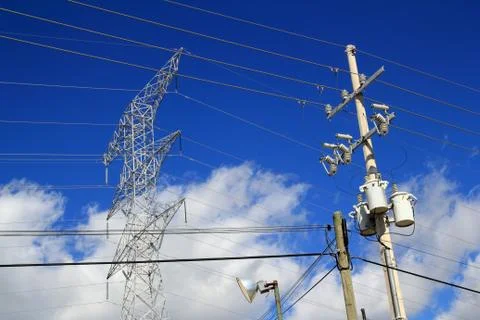 High voltage light pole distribution transformer Stock Photos