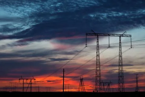 High-voltage line at sunset Stock Photos