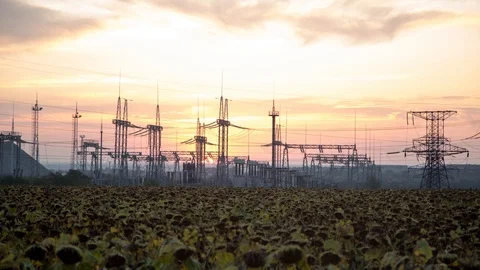 High voltage line. Timelapse. Electric poles against the evening sky Stock Footage 99054898