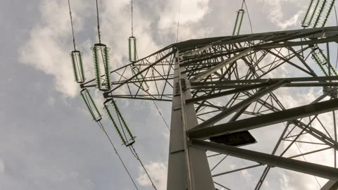 High-voltage line tower blue sky and clouds Stock-Footage 154571357
