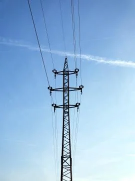 High-voltage lines and cables onthe blue sky background Stock Photos