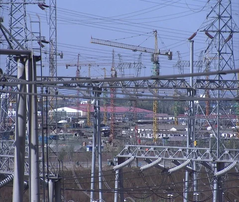 High voltage lines and poles outside Shenua Sanhe power station Stock Footage 86746488