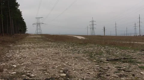 High-voltage lines, forest and rural road in the prairie Stock-Footage 44470855