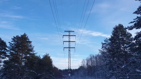 High voltage lines in the forest. Power lines in the winter forest Stock Footage 101612908
